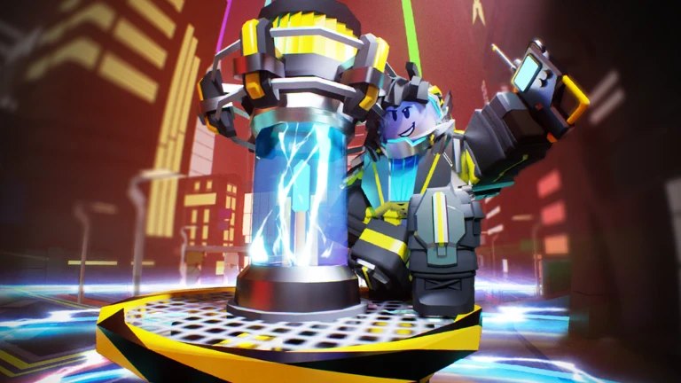A Tower Defense Simulator unit charging a purple energy weapon in a neon arena.
