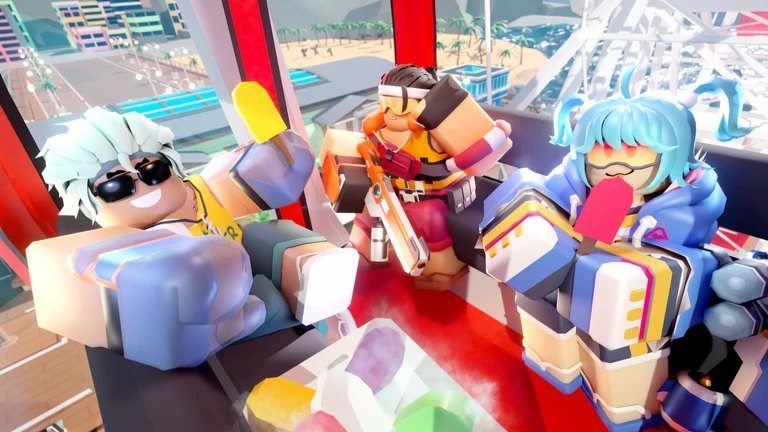 Tower Defense Simulator characters sharing food together during a co-op run.