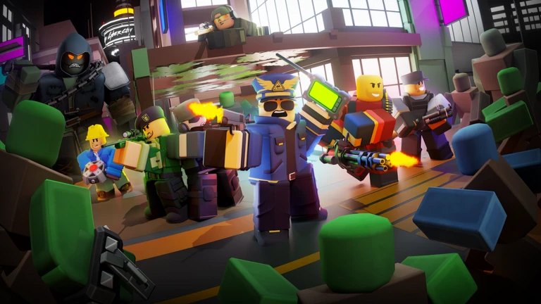 A group of Roblox characters gathered in the Tower Defense Simulator lobby.