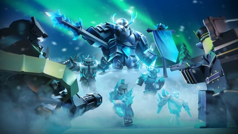 Frost-covered Tower Defense Simulator defenders holding a line against a mech boss.
